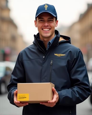 Livreur souriant avec un colis sur fond de ville de Paris