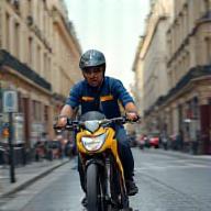 Coursier livreur parcourant les rues de Paris